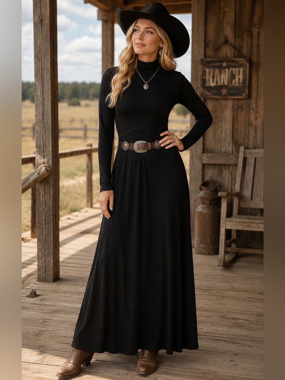 Double D Ranch Classic long sleeve mock neck black dress